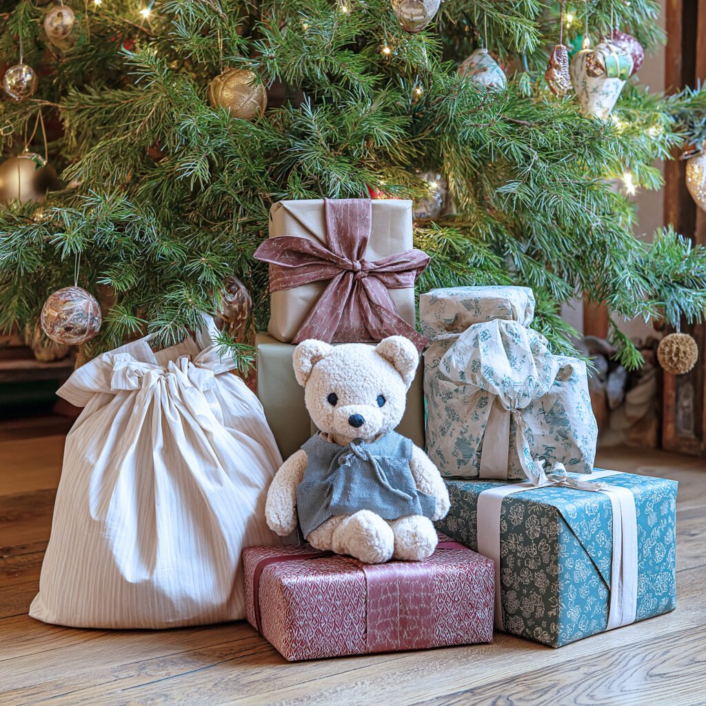 Pine Christmas tree with classic ornaments and a cite teddy bear and  beautifully wrapped gifts. 