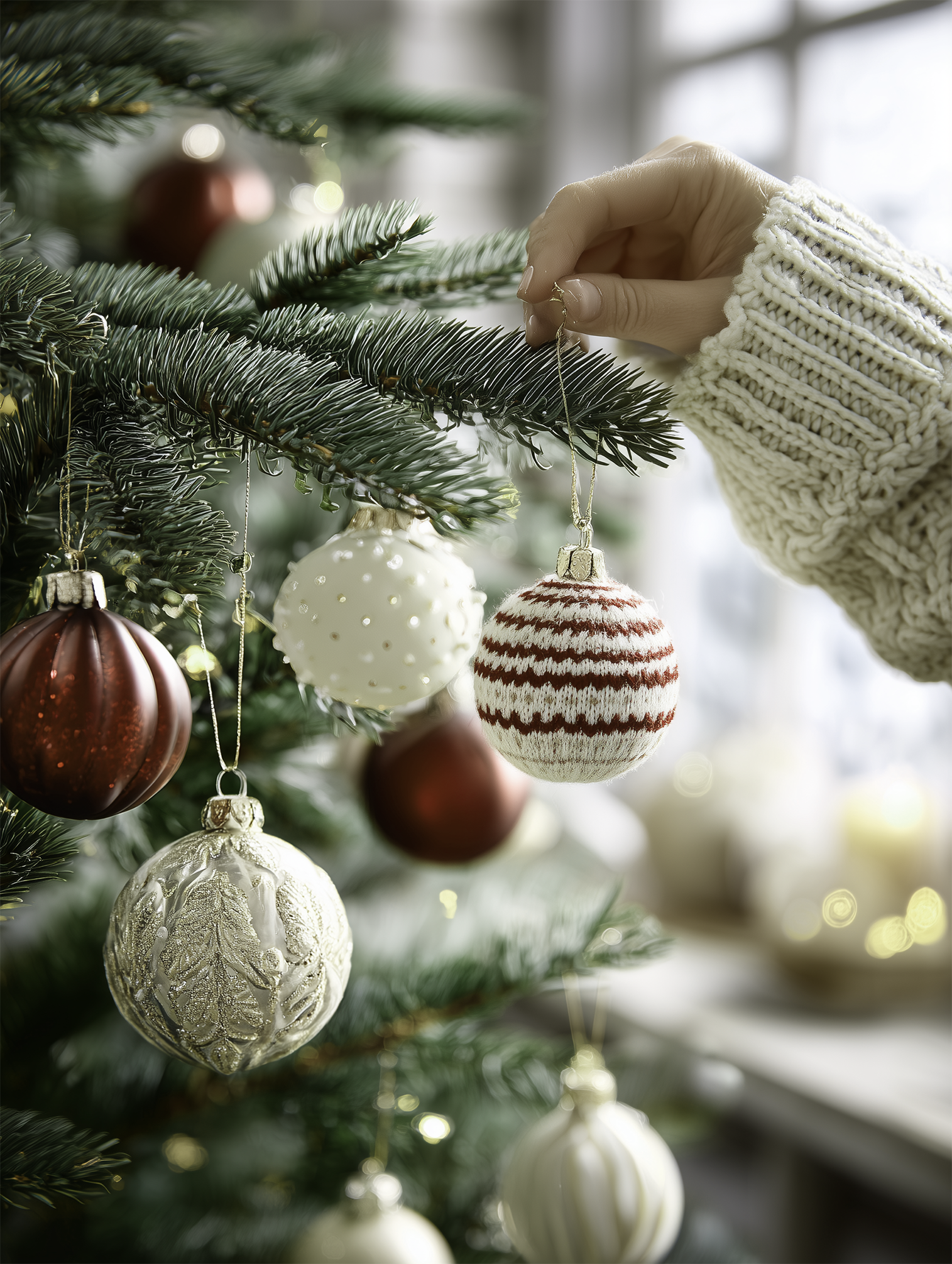 Christmas tree with red and white ornaments.